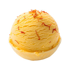 Yellow ice cream scoop with saffron threads in a white bowl graphic design