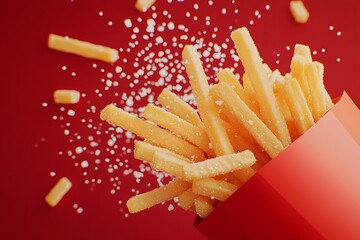 Closeup shot of golden french fries spilling out of a red paper container with salt on a vibrant red background, studio shot