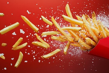 Overhead shot of french fries spilling out of a red paper container with salt on a vibrant red background, studio shot