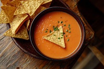 Overhead shot of creamy tomato soup served with tortilla chips in a rustic bowl, garnished with fresh herbs on a wooden surface