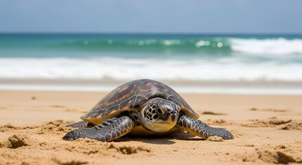 Obraz premium Sea turtle on sandy beach with waves crashing in the background, showcasing marine life conservation