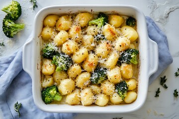 Top view of baked gnocchi with broccoli and parmesan cheese in a white baking dish, a comforting vegetarian meal ready to be enjoyed