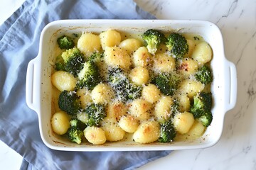 Overhead shot of baked gnocchi with broccoli and parmesan cheese in a white baking dish, a delicious and comforting vegetarian dish