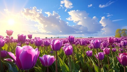 A vast field of vibrant purple tulips under a bright, sunlit sky filled with fluffy clouds.