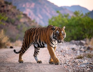 Fototapeta premium Tiger walking on a dirt road in a scenic landscape