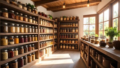 Rustic Pantry Interior Showcasing Organized Jars of Spices and Herbs with Natural Light