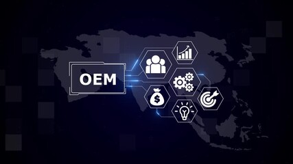 OEM Original Equipment Manufacturer concept. Interface technology, the future of user experience, journey and technology concept, digital screen interface 4K. Digital world map technology background. - Powered by Adobe