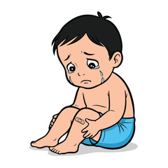 Sad Cartoon Child with Band-Aid on Knee Crying.