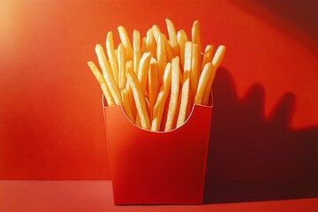 Classic french fry in a red paper container against a vibrant red background, creating a bold and visually striking image of fast food