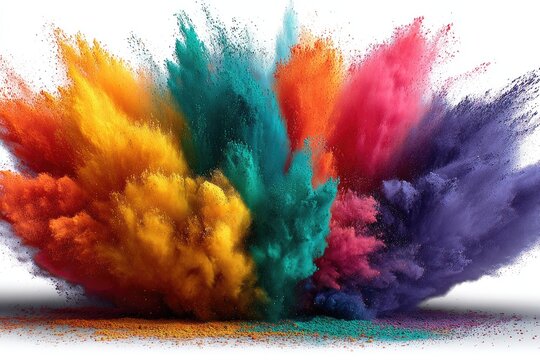 A vibrant explosion of multicolored powder against a white background, creating a dynamic and energetic visual effect