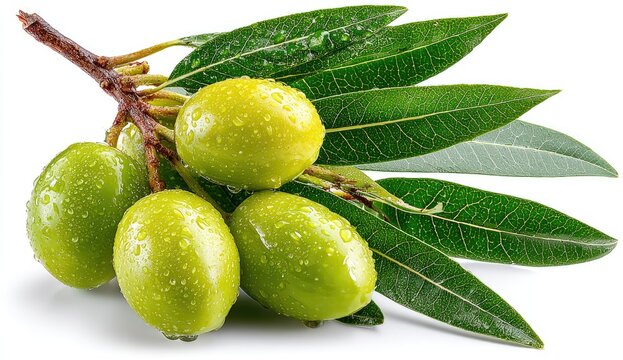 A cluster of five dewy green olives on a branch with vibrant leaves, isolated on a white background