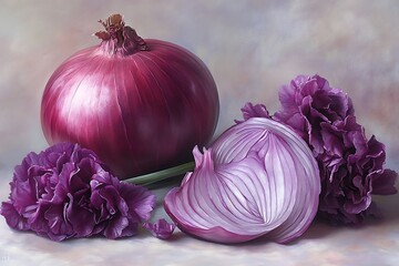 A vibrant still life featuring a whole red onion, a halved onion, and purple carnation flowers, creating a harmonious and colorful composition