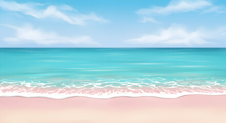 Fototapeta premium Serene Tropical Beach Scene with Turquoise Water and Pink Sand under a Partly Cloudy Sky