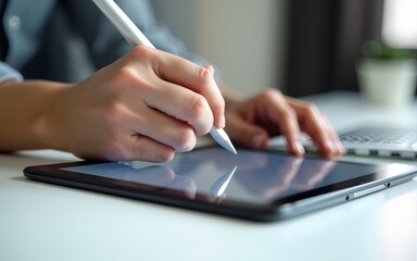 Hand using a stylus and tablet with keyboard on a clean desk. High quality