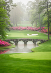 Iconic Stone Bridge and Azaleas at Augusta National Golf Course in Mist. National Golf Day