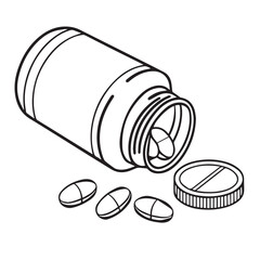 An open bottle of pills, with tablets scattered around, suggests medication or treatment, isolated on white background
