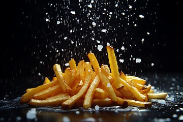 Golden french fries being sprinkled with salt against a dark background, creating a dynamic and appetizing food photography scene