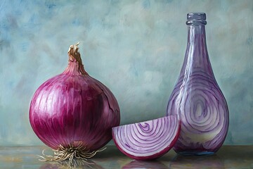 Still life featuring a whole red onion, a sliced onion, and a glass bottle filled with onion slices against a textured blue background