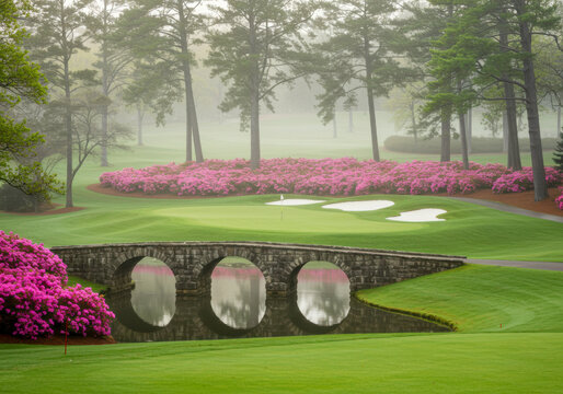 Iconic Stone Bridge and Azaleas at Augusta National Golf Course in Mist. National Golf Day