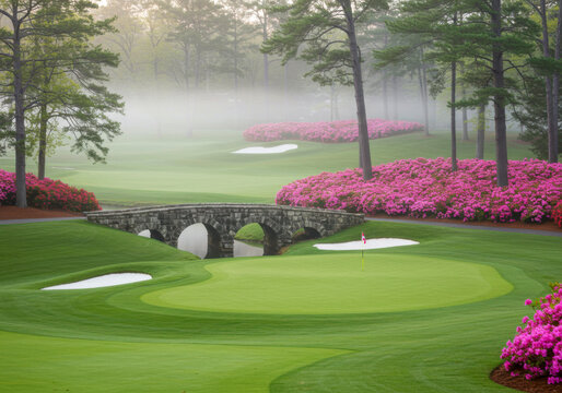Iconic Stone Bridge and Azaleas at Augusta National Golf Course in Mist. National Golf Day