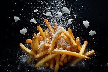 Golden french fries are sprinkled with salt on a black background, creating a visually appealing and tasty image for food lovers