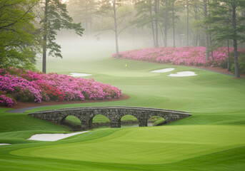 Iconic Stone Bridge and Azaleas at Augusta National Golf Course in Mist. National Golf Day