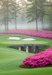 Iconic Stone Bridge and Azaleas at Augusta National Golf Course in Mist. National Golf Day