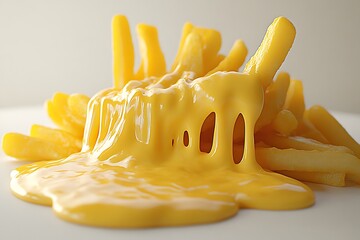 Closeup of golden french fries drenched in a creamy, melted cheddar cheese sauce, isolated on white background, creating a delicious and indulgent snack