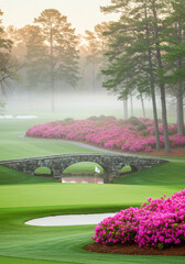 Iconic Stone Bridge and Azaleas at Augusta National Golf Course in Mist. National Golf Day
