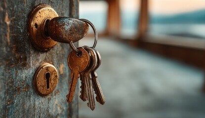Weathered door with tarnished brass keyhole and a bunch of old keys hanging from it, set against a blurred interior background