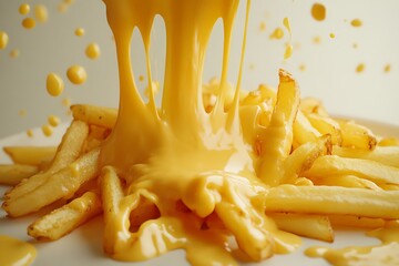 Golden french fries being drenched in a creamy, melted cheddar cheese sauce, isolated on white background, creating a delicious and indulgent snack