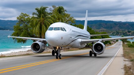 Airplane Landing on Coastal Road with Lush Greenery and Scenic Ocean Backdrop