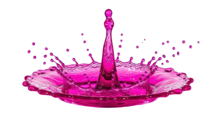 Isolated vibrant magenta liquid splash with droplet tower from above for product display