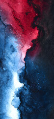 abstract red and black painting texture with blue watercolor swirls cosmic galaxy night sky and neon glow
