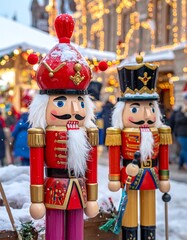 Two wooden nutcrackers in a snowy Christmas market