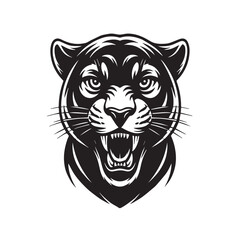 Ferocious panther head with sharp teeth and intense gaze, isolated on white background, embodying power, agility, and untamed spirit of the wild predator