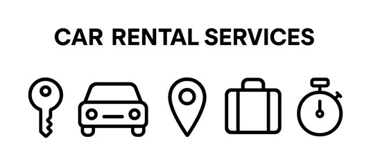 Car rental services: key, vehicle, location, luggage, timer icons
