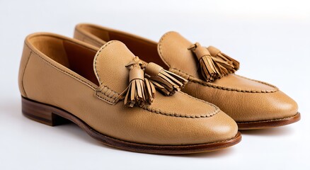 Pair of Tan Moccasin Shoes with Tassels and Leather Sole, Product Photography on White Background, Classic Comfortable Footwear Concept