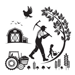 Illustration isolated on white background depicting a farmer and child working on a farm with a barn, tractor, crops, and animals, symbolizing agriculture and rural life