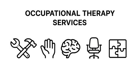 Fototapeta premium Occupational therapy services: tools, hand, brain, chair, puzzle icons