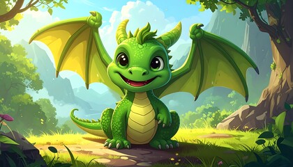 A cheerful, small dragon with outstretched wings sits in a lush, sunny meadow.