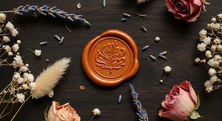 Rustic Wax Seal with Dried Flowers and Roses on Dark Wood