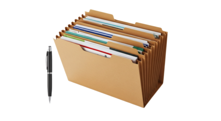 Expanding File Folder with Pen Organized Business Documents and Administrative Tools. clipping path. Business concept.