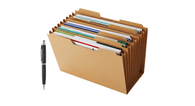 Expanding File Folder with Pen Organized Business Documents and Administrative Tools. clipping path. Business concept.