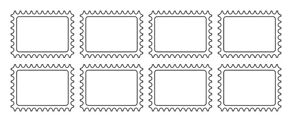 Eight Blank Postage Stamp Frames with Perforated Edges on White Background