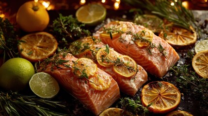 Festive Salmon Fillets with Citrus and Herbs, Warm Holiday Lighting, Culinary Still Life.