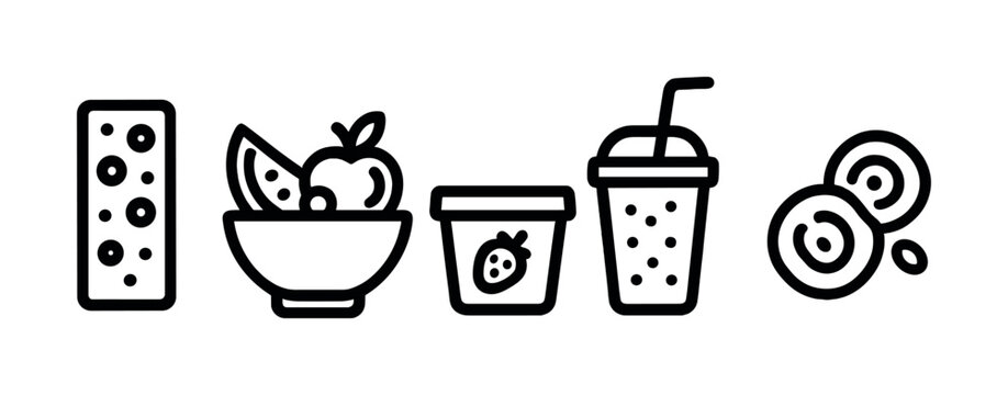Line art of nutritious breakfast foods including cereal bar, fruit bowl, yogurt, smoothie, and pastries