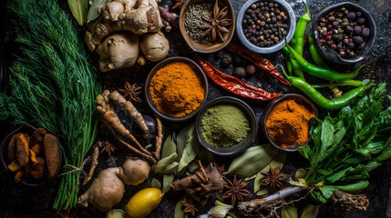 Colorful Asian ingredients arranged on a stone surface, showcasing fresh herbs and spices.