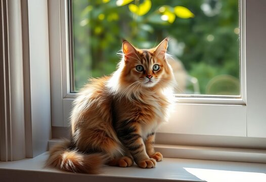 Fluffy Ukrainian Levkoy cat sitting on a windowsill, sunlight streaming in,  cat breed,   exotic