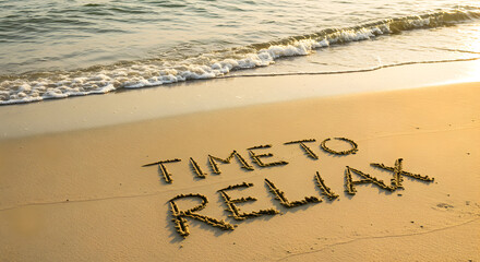 Fototapeta premium Time To Relax Written on Sandy Beach with Ocean Wave at Sunset